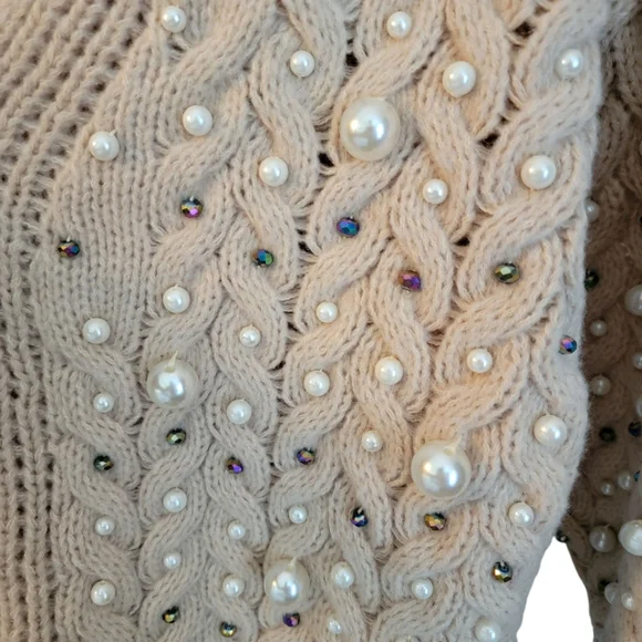 Bibi Boutique Brand Twisted Knit Open Cardigan With Pearls M - Picture 8 of 12